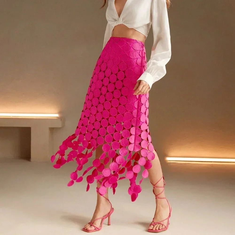 Pink Casual Women's Laser Cut Multi Circle Double Layered Skirt